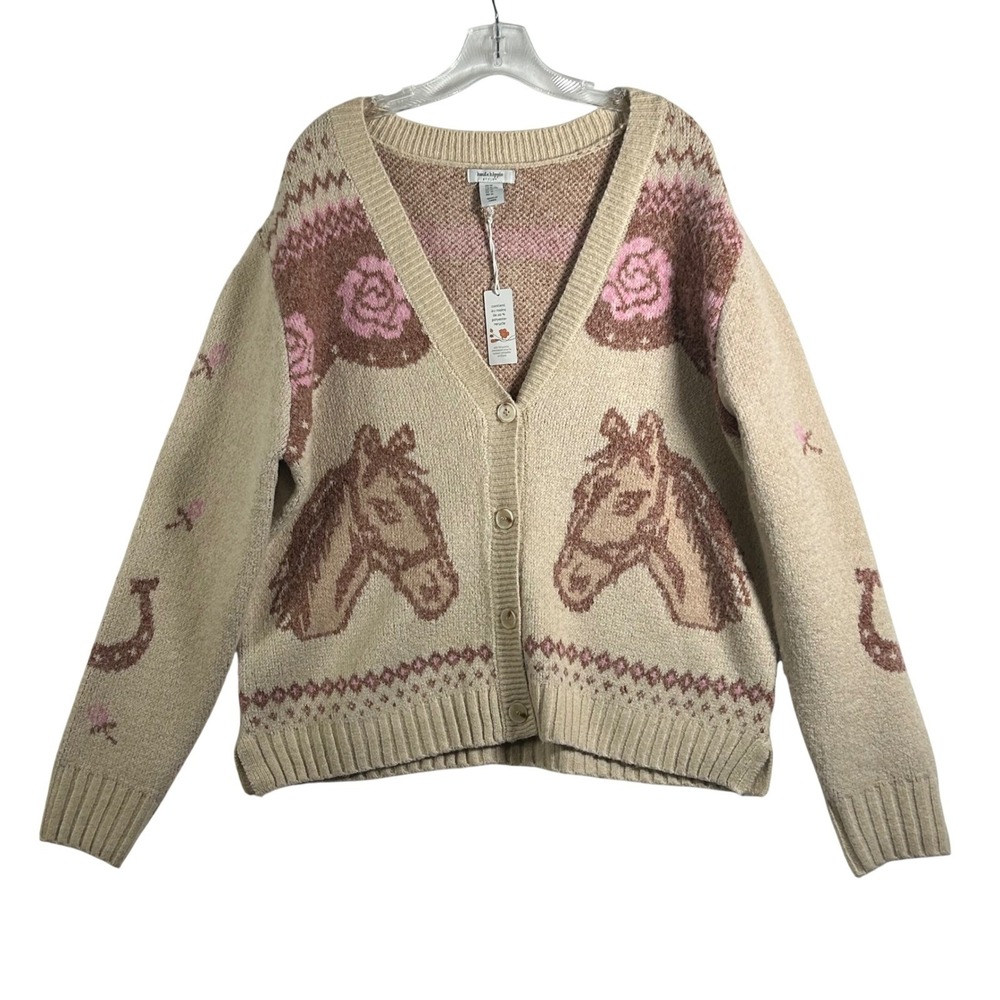 Haute Hippie Style Western Horse Rose‎ Fair Isle Knit Button Front Cardigan XL